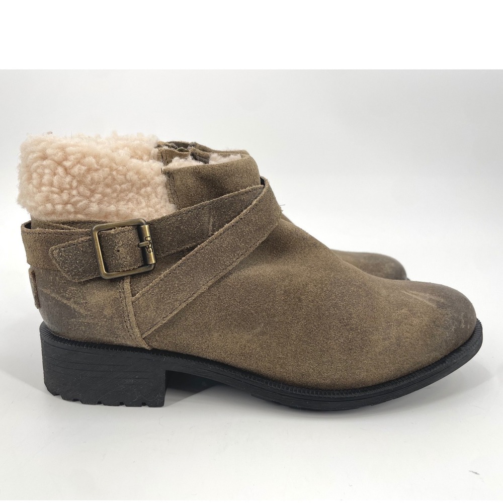UGG Elora Boot Women 9 Brown Suede Shearling Moto Buckle Ankle Western 1095151